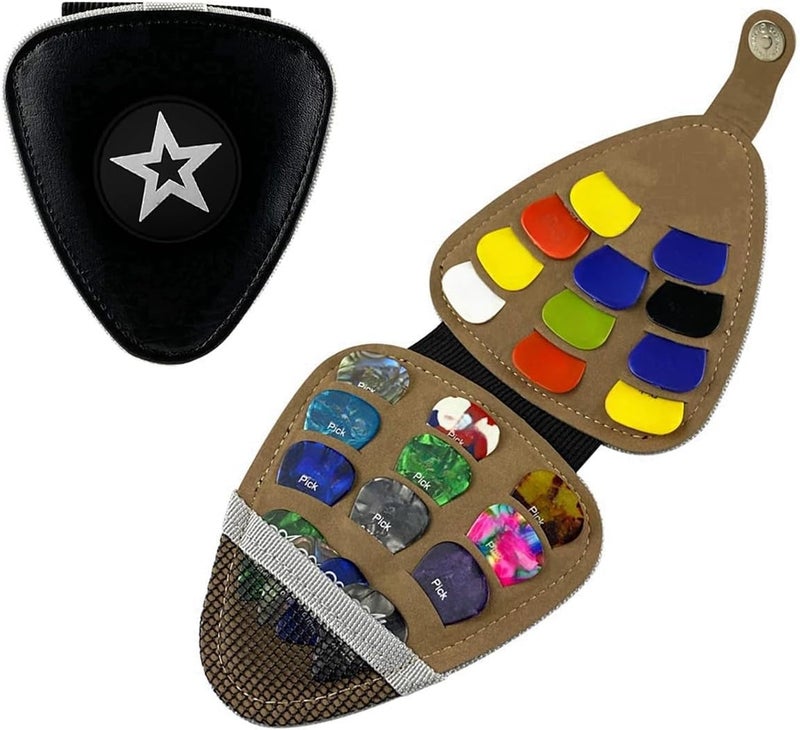RockCheems Guitar Pick Holder Case, PU Leather Guitar Pick Bag, with 18 pcs Celluloid and 6 pcs Metal Guitar Picks - Image 1